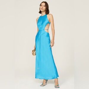 ALEXIS Lune Gown Womens Large L Blue Sleeveless Cutout A-Line Maxi‎ Satin